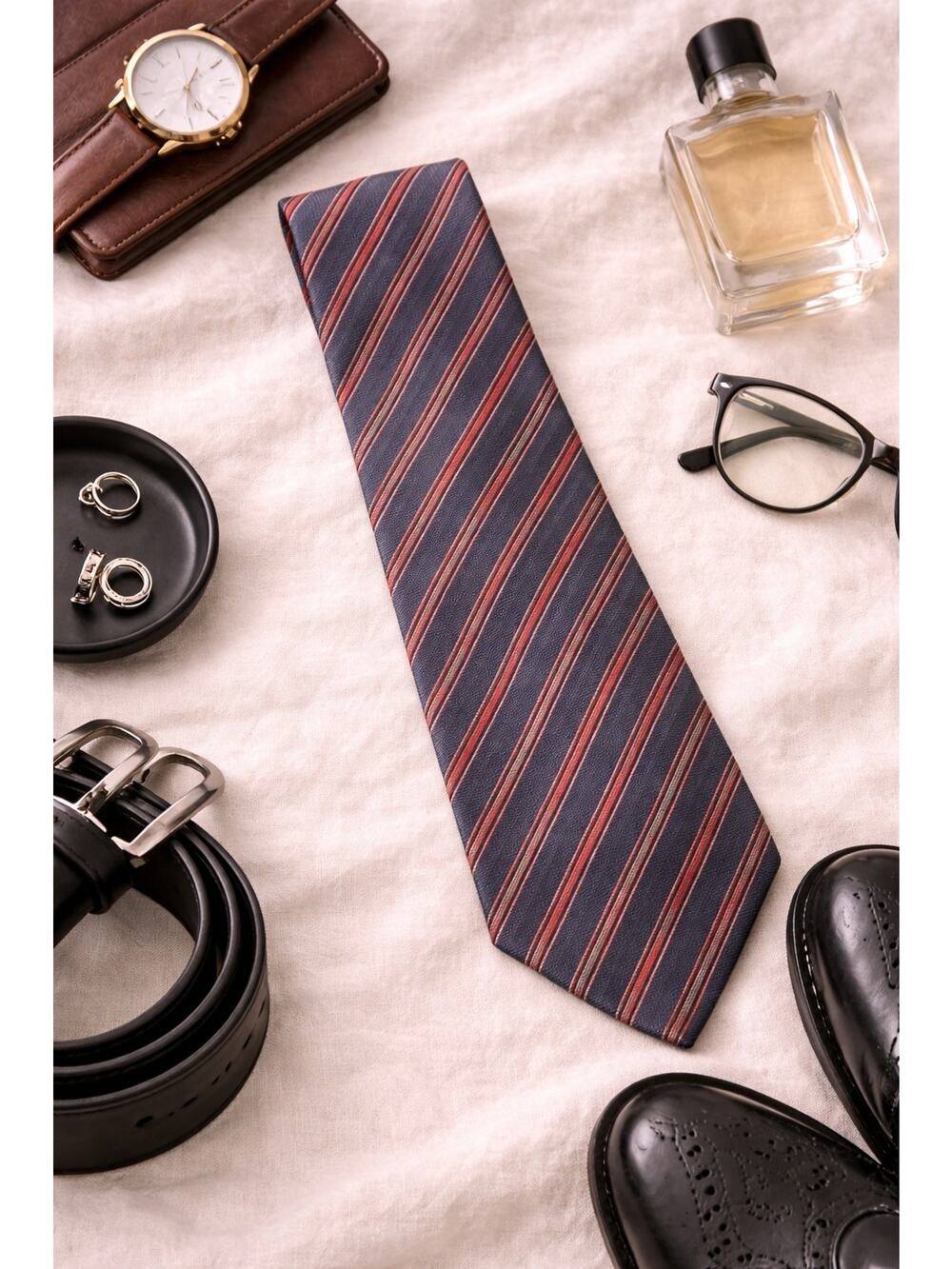 Vintage Club Monaco Men's Slim Necktie Blue Gray Red Classic Striped Tie
